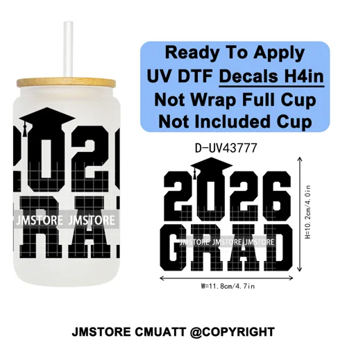 Fresh Class Of 2026 Senior Edition UV DTF Decals Ready To Apply Waterproof Transfer Stickers DIY Craft For 16OZ Libbey Glass Can