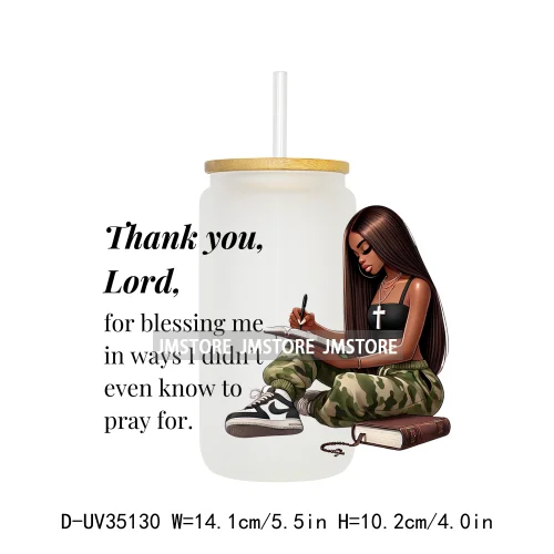 Christian Quotes Afro Pray Girl UV DTF Transfer Stickers Decals Ready To Apply Waterproof For 16OZ Libbey Glass Can Cups Tumbler