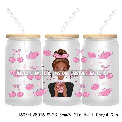 Woman With Bubble Gum Pink UV DTF Sticker For 16OZ Libbey Glass Cup Can Wrap Transfer Stickers Custom Labels DIY Logo Messy Bun