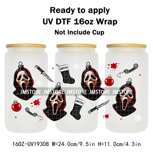 Horror Killers Christmas Ball Stocking Season UV DTF Wraps Transfer Stickers Ready To Apply Waterproof For 16OZ Libbey Glass Can
