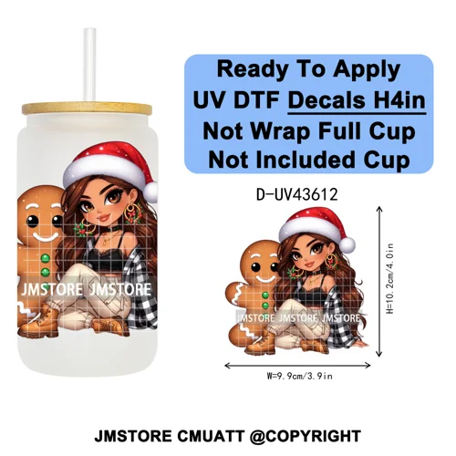 Mexican Girl Christmas Gingerbread UV DTF Cup Decals Ready To Apply Transfer Stickers Durable Custom Labels For Libbey Glass Can
