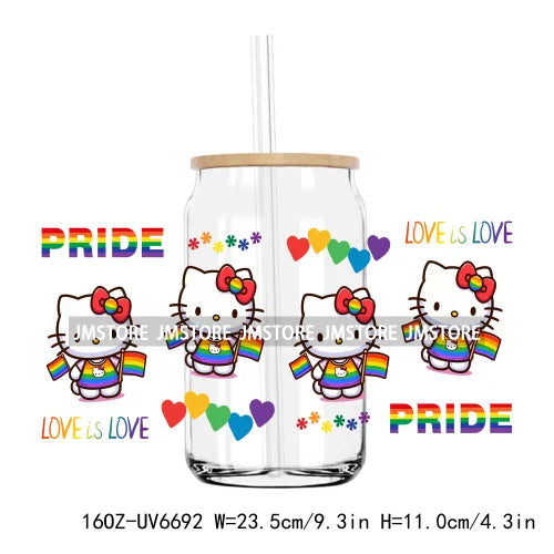 Pride Love Cat 16OZ UV DTF Cup Wrap Transfer Stickers Custom Label Durable Waterproof Logo For Libbey Glass Can Cartoon Princess