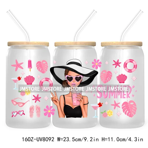 Hot Girl Summer Lady UV DTF Sticker For 16OZ Libbey Glass Cup Can Wrap Transfer Stickers Custom Labels DIY Logo Woman With Hat