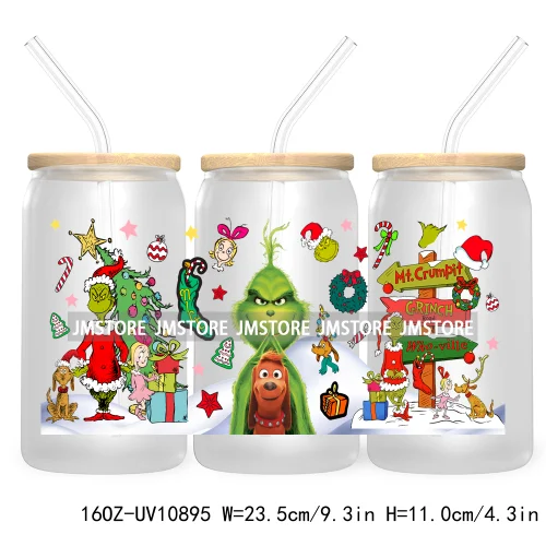 Retro Christmas Mean Guy UV DTF Cup Wrap For Libbey Glass Can Transfer Stickers Waterproof Custom Labels Merry Greenmas Xmas