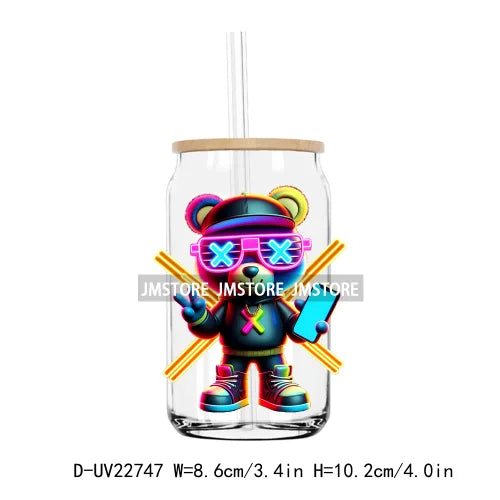 Colorful Neon Teddy Bear Urban Style UV DTF Transfers Stickers Decals For Libbey Cold Cups Mugs Tumbler Waterproof DIY Craft