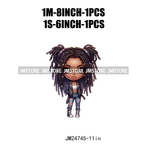 Dreadlocks Coffee Chibi Black Girls Pink Fashion African American Denim Girl Iron On DTF Heat Press Transfer Stickers For Shirts