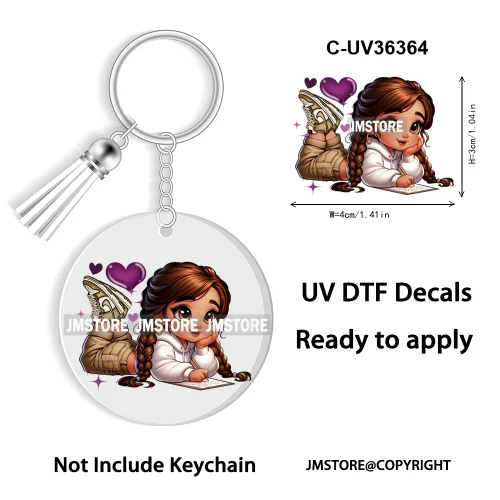 Cartoon Princess Reading Bookish UV DTF Decal Round Keychain Ready To Apply WaterProof Transfer Stickers For Circle Keychain