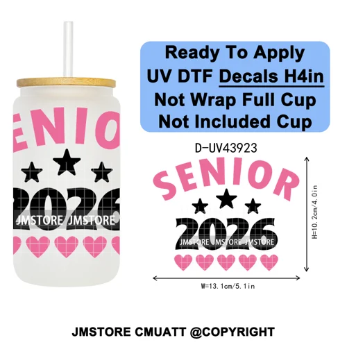 Girly University Graduation 2026 UV DTF Decals Ready To Apply Waterproof Transfer Stickers DIY Crafts For 16OZ Libbey Glass Can