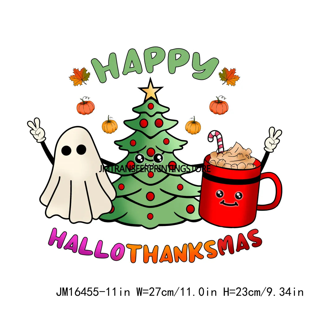 Eat Drink And Be Thankful Hallothanksmas Decals Santa Gnome Coffee Cup Animal Pumpkin Iron On DTF Transfer Sticker For Clothing