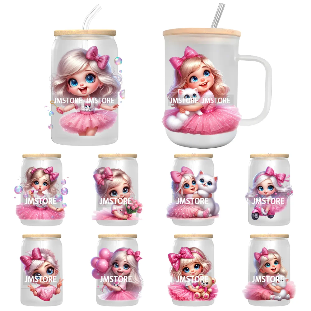Lovely Pink Girl Hug Cat Bear UV Sticker Decals For Libbey Cold Cup Mug Tumbler Transfer Stickers Waterproof High Quality Labels