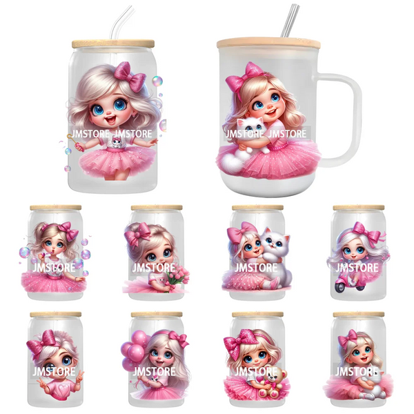 Lovely Pink Girl Hug Cat Bear UV Sticker Decals For Libbey Cold Cup Mug Tumbler Transfer Stickers Waterproof High Quality Labels