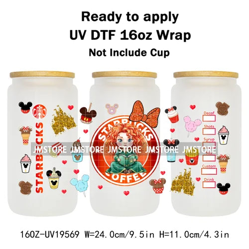 Faux Glitter Coffee Cartoon Princess Girly 16OZ UV DTF Cup Wraps Ready To Apply Waterproof Transfer Sticker For Libbey Glass Can