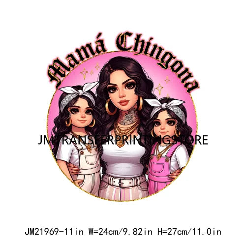 Latina Chicano Mom Iron On Transfer Patches Mama Chingona Mexican Chibi Style Mother's Day DTF Transfer Stickers For Hoodies