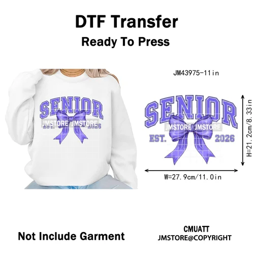 Preppy Coquette Senior 2026 Mega Graduate Cap Varsity Iron on Washable DTF Heat Transfers Stickers Ready to Press for Textiles
