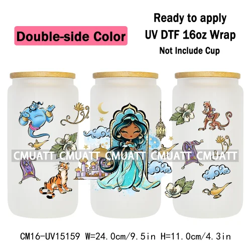 Double Sided Color UV DTF Cup Wraps 16OZ Bulk Waterproof Wholesale Custom Cartoon Cute Princess Mug Glass Water Bottles Sticker