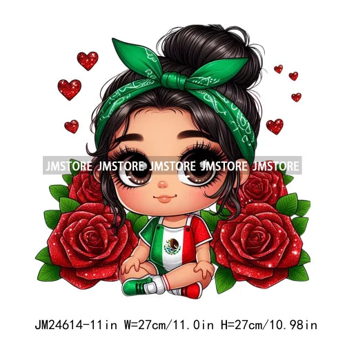 Cute Chibi Mexican Girl Designs Hispanic Red Rose Green Coquette Bow Latina Princess Iron On DTF Transfers Stickers For T-shirts