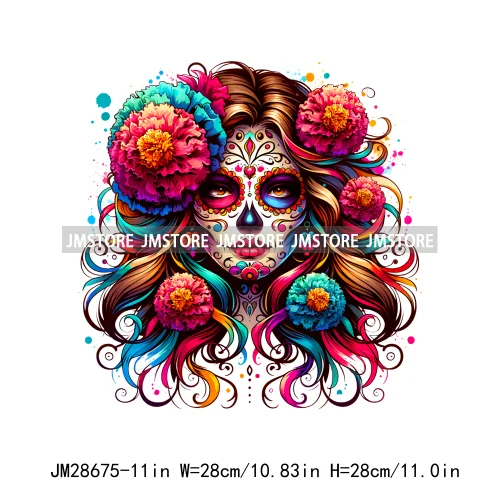 La Catrina Day Of The Dead Floral Sugar Skull Mexican Girls Halloween Iron On DTF Transfers Stickers Ready To Press For Hoodies