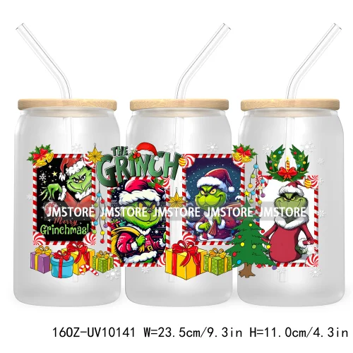 Christmas Coffee Cups Green Guy 16OZ UV Cup Wrap DTF Transfer Stickers For Libbey Glass Can Cup Tumbler Waterproof Label Cartoon