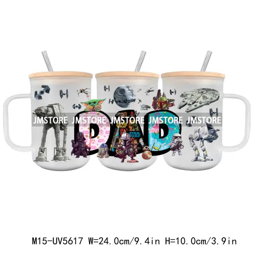 Dad Papa Cartoon Movie Character UV DTF Glass Can Wrap For 15OZ Mug Cup Transfer Stickers DIY Custom Logo Labels Father's Day