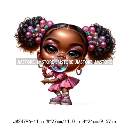 Cute God First Chibi Black Baby Girl Afro Magic Kids Coffee Woman Iron On DTF Transfer Stickers Ready To Press For Clothes Bags