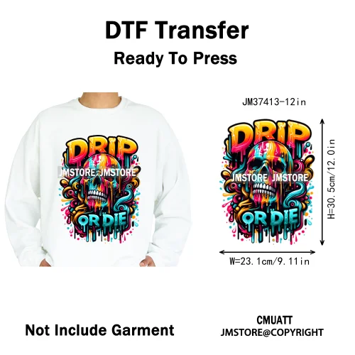 12in Dino Trucks Drip Or Die Skull Beats Graffiti Streetwear Man Design Iron on DTF Transfer Stickers Ready to Press for Clothes