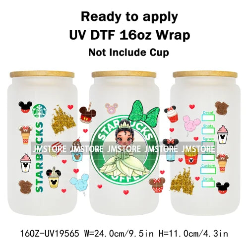 Faux Glitter Coffee Cartoon Princess Girly 16OZ UV DTF Cup Wraps Ready To Apply Waterproof Transfer Sticker For Libbey Glass Can