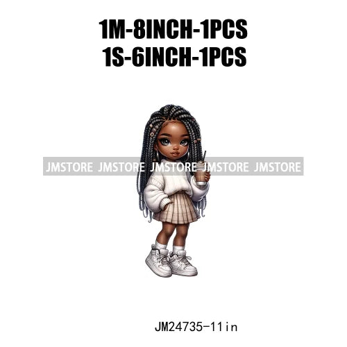 Dreadlocks Coffee Chibi Black Girls Pink Fashion African American Denim Girl Iron On DTF Heat Press Transfer Stickers For Shirts