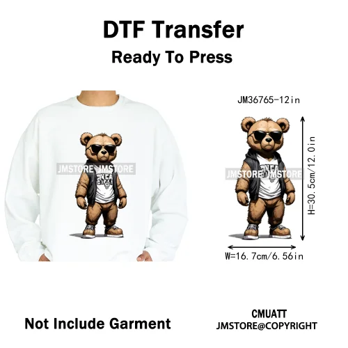 12in Cool Retro Urban Streetwear Graffiti Hip Hop Teddy Bear Iron On DTF Washable Transfers Stickers Ready to Press For Clothing