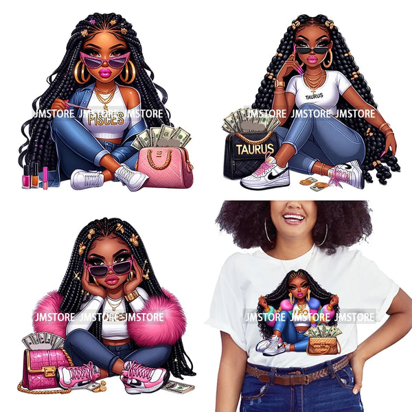 Afro Girl With Purse Money Zodiac Astrology Horoscope Urban Hip Hop Rich Black Melanin Iron On DTF Transfer Stickers For Hoodies