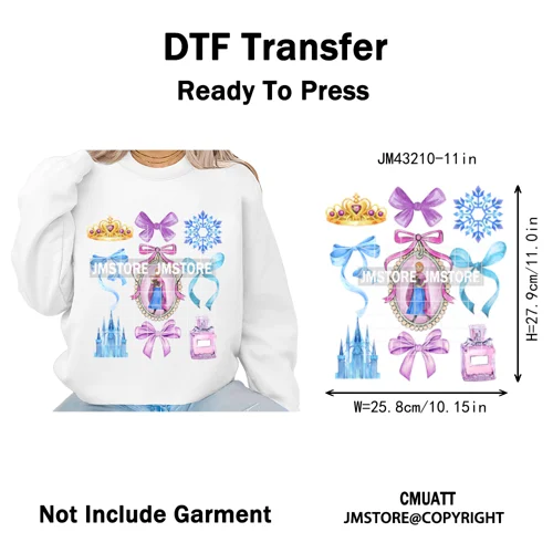 Colorful Girly Coquette Cartoon Princess Family Trip Iron on Washable DTF Heat Transfers Stickers Ready to Press for Clothing