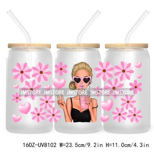 Woman With Bubble Gum Pink UV DTF Sticker For 16OZ Libbey Glass Cup Can Wrap Transfer Stickers Custom Labels DIY Logo Messy Bun