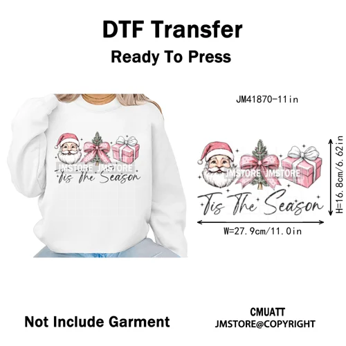 Merry and Bright Coquette Patchwork Santa Christmas Holiday Season Iron on DTF Heat Transfer Stickers Ready to Press for Hoodies