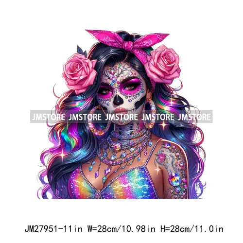 Raninbow Diamond Glamor Latina Skeleton Woman Rose Chicana  Earing Girls DTF Iron On Heat Press Transfer Stickers For Clothes