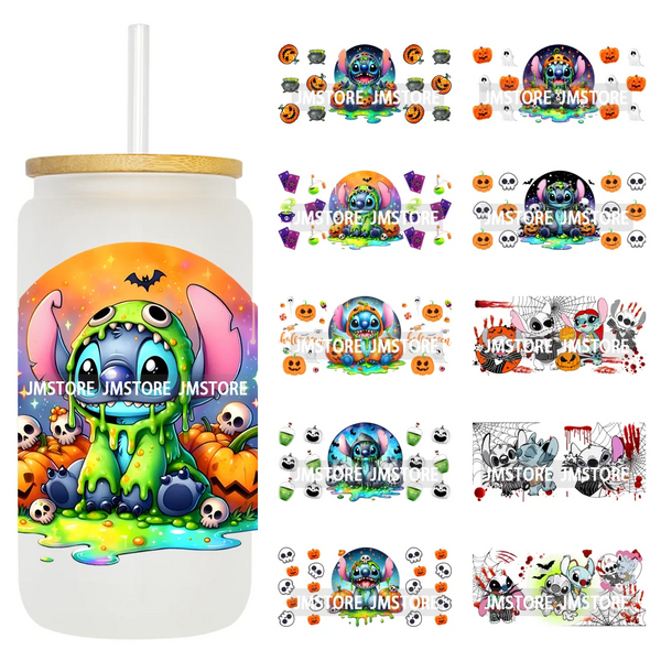 Spooky Cartoon Halloween Skulls Pumpkins UV DTF Wraps Transfer Sticker Waterproof High Quality For 16OZ Libbey Glass Can Tumbler