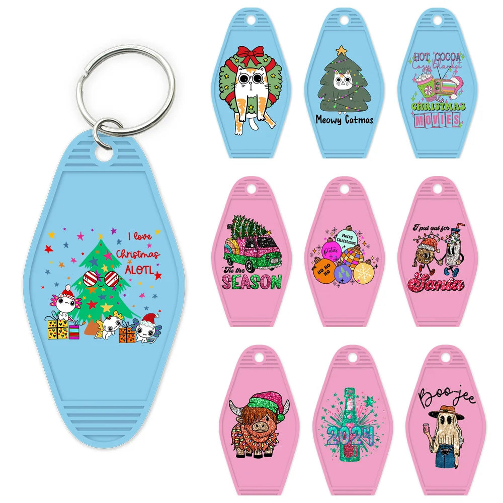 Faux Tis The Season Christmas Tree High Quality WaterProof UV DTF Sticker For Motel Hotel Keychain Highland Cow With Santa Hat