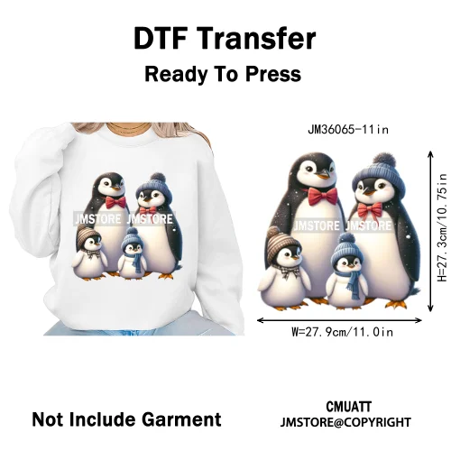 Cute Animal Penguins Coquette Hat Family Mom Father Baby Lovers Iron on DTF Heat Transfer Stickers Ready to Press for Hoodies
