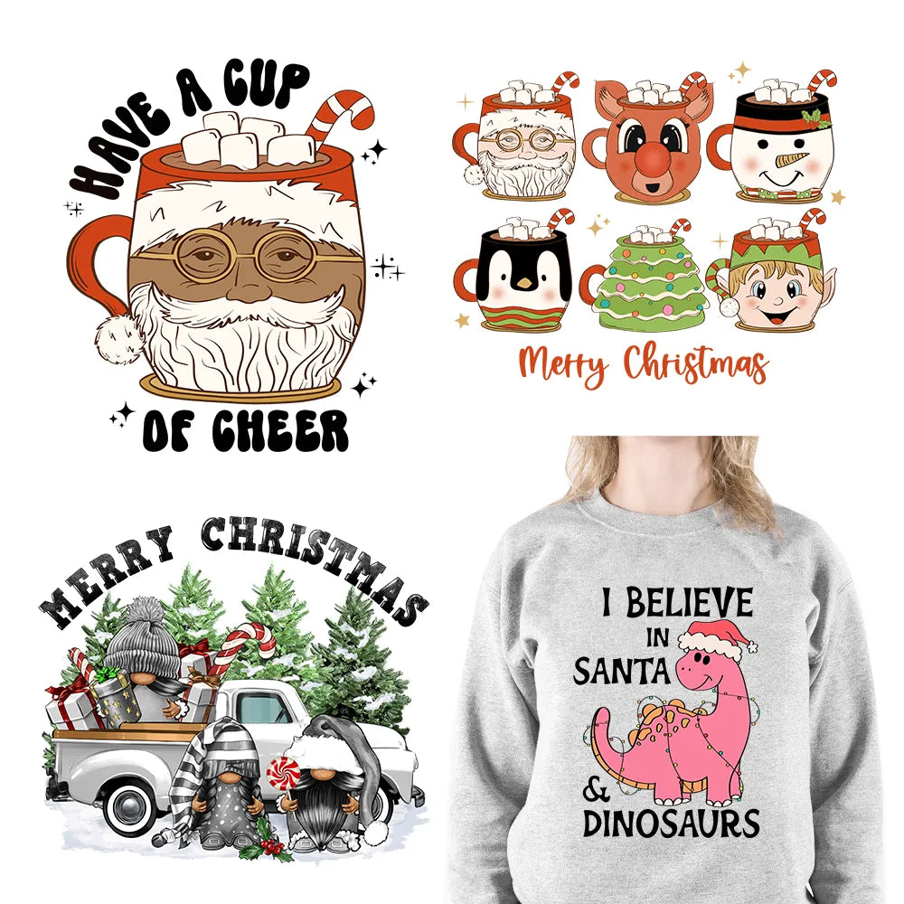 Have A Cup Of Cheer Thermal Logo Pink Santa Claus Animal Funny Christmas Iron-On DTF Transfer Sticker Ready To Press For Hoodies