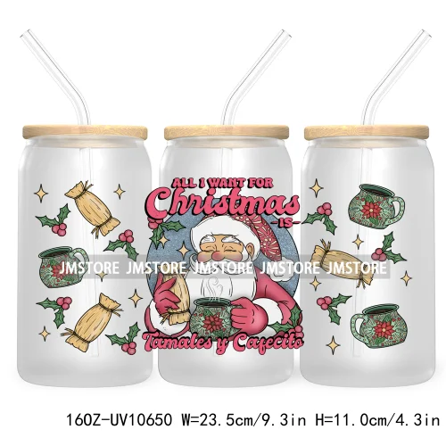 Spanish Latina Mexixan Culture Christmas Pan Dulce UV DTF Cup Wraps Transfer Sticker For 16OZ Libbey Glass Can Gingerbread Santa