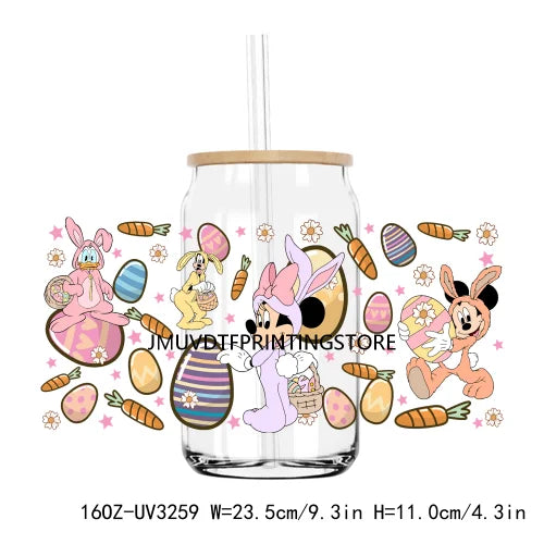 Cute Easter Bunny Cartoon UV DTF Sticker For 16OZ Libbey Glass Cup Can Wrap Transfer Sticker Custom Label DIY Logo Spring Flower