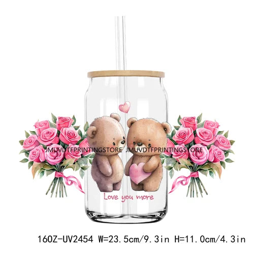 Valentine's Day Animals With Rose 16OZ UV DTF Cup Wrap Transfers Stickers Custom Labels DIY Waterproof Logo For Libbey Glass Can