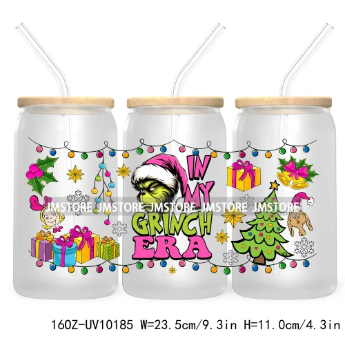 In My Christmas Era UV DTF Sticker For 16OZ Libbey Glass Cup Can Wrap Green Character Transfer Stickers Custom Labels DIY Logo