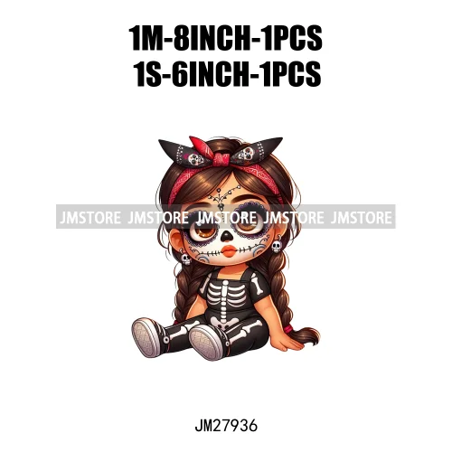 Halloween Skeleton Latina Baby Chibi Hispanic Girls Spooky Season DTF Iron On Transfers Stickers Ready To Press For Clothing