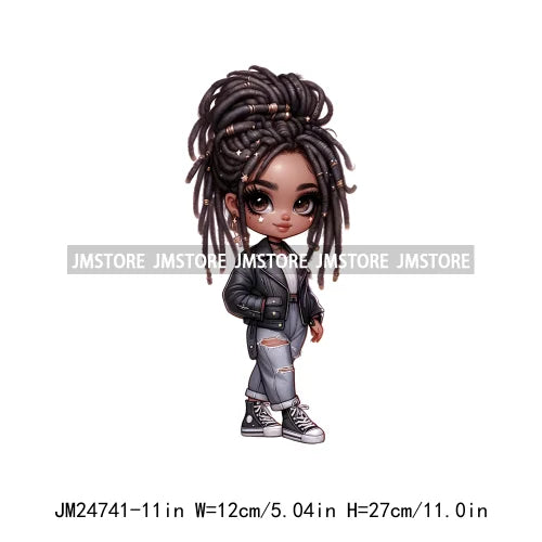 Dreadlocks Coffee Chibi Black Girls Pink Fashion African American Denim Girl Iron On DTF Heat Press Transfer Stickers For Shirts