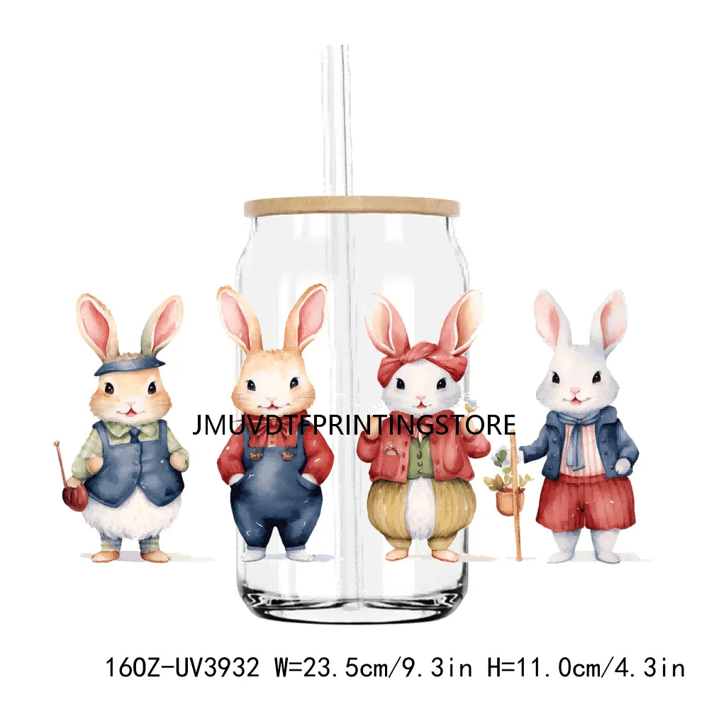 Cute Easter Bunny Rabbit With Flower 16OZ UV DTF Cup Wrap Transfer Sticker Custom Label DIY Waterproof Logo For Libbey Glass Can