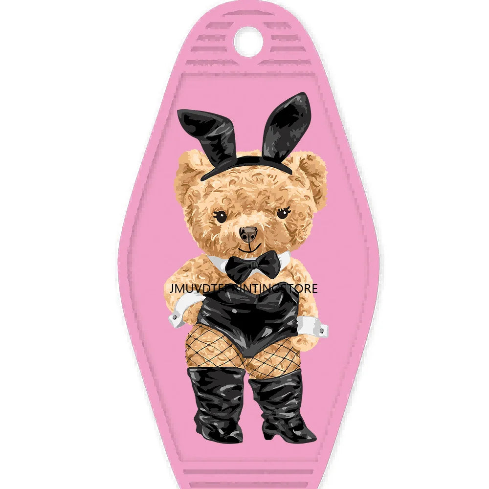 Cute Pink Teddy Bear Girl High Quality WaterProof UV DTF Sticker For Motel Hotel Keychain Brown Bears Baseball