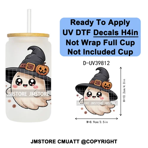 Cute Halloween Witch Ghost Sweet Boo UV DTF Decals Ready To Apply Waterproof Transfer Stickers Prints For 16OZ Libbey Glass Can