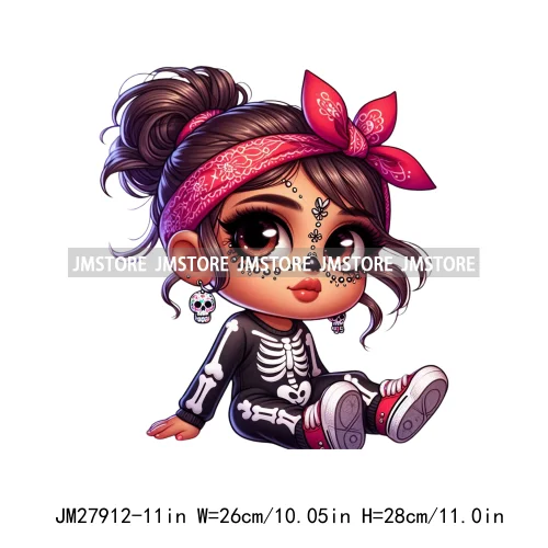 Halloween Skeleton Latina Baby Chibi Hispanic Girls Spooky Season DTF Iron On Transfers Stickers Ready To Press For Clothing