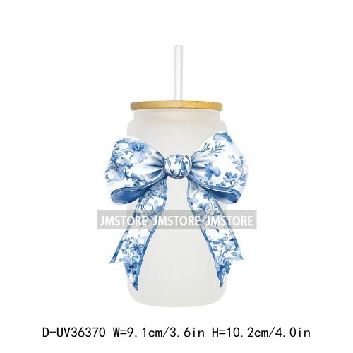 Blue Chinoiserie Coquette Bow UV Sticker Decals For Libbey Cold Cups Mug Tumbler Transfer Stickers Waterproof Top Quality Prints