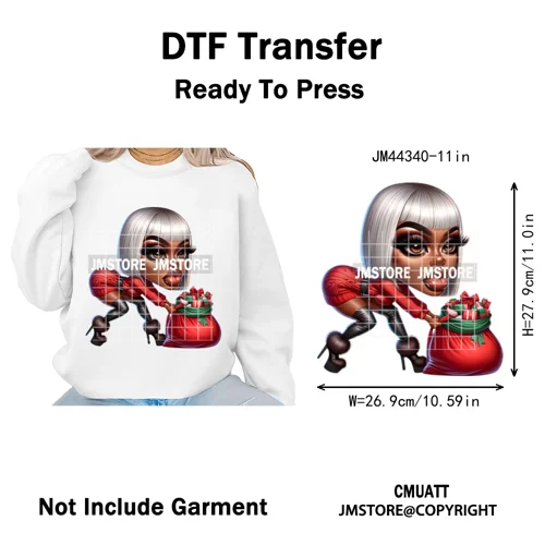 Cool African Melanin Girls Christmas Season Holiday Moody Iron on Washable DTF Heat Transfer Stickers Ready to Press for Hoodies