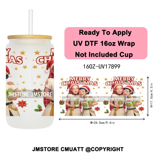 Merry Christmas Kpop Movie Character Anime Girl UV DTF Stickers Ready To Apply Cup Wrap High Quality For 16OZ Libbey Can Glass